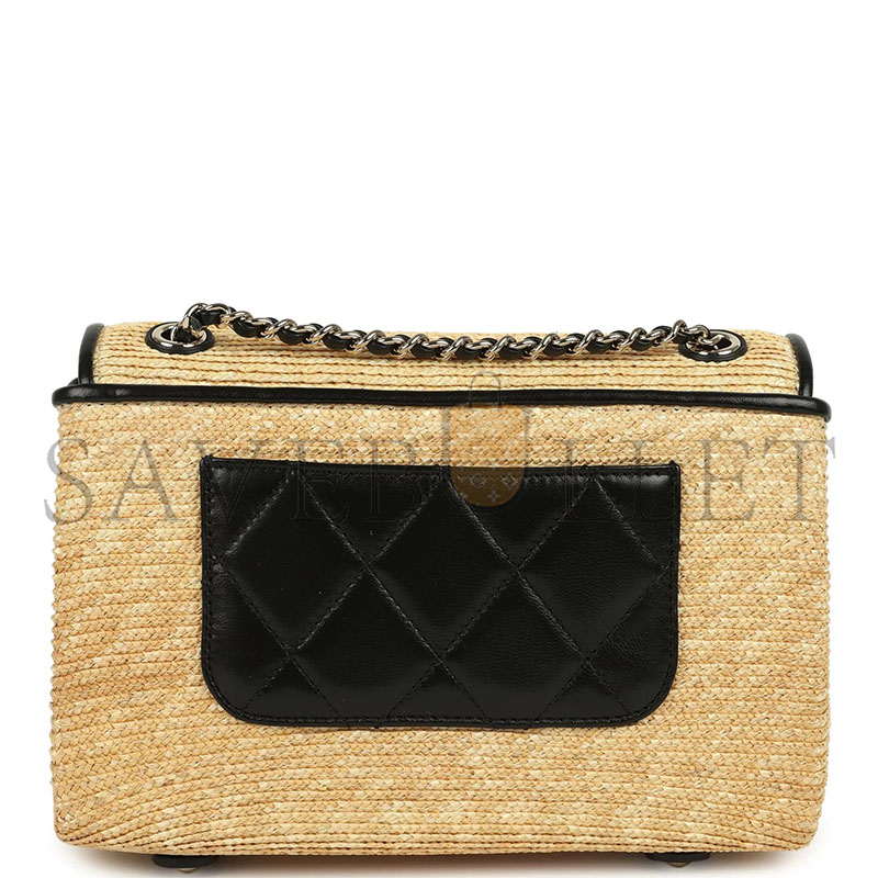 CHANEL MASTER SMALL FLAP BAG BEIGE BRAIDED RAFFIA AND BLACK LAMBSKIN LIGHT GOLD HARDWARE AS6017 (23*16*8cm)